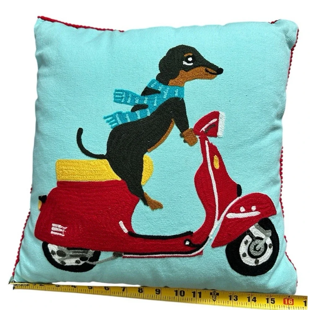 Dachshund Dotson Dog‎ Scarf Riding Vespa Scooter Karma Living Embroidered Pillow